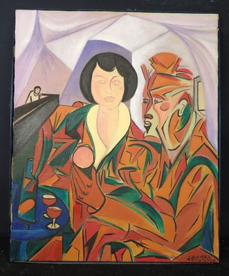 tableau représentant une femme et un homme avec un verre de vin