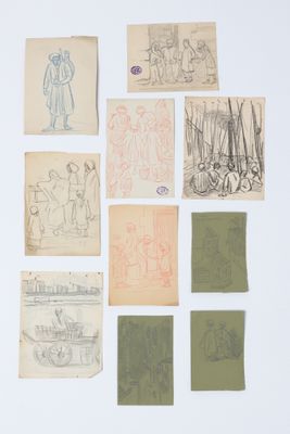 une image représentant une pile de vieux papiers sur lesquels figurent des dessins
