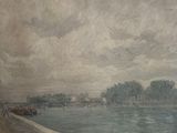 painting of a view of a river with a bridge in the distance