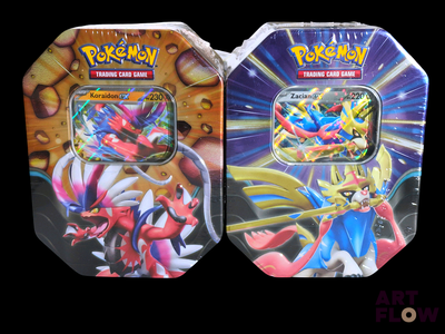 pokemon trading card game tins are displayed on a black background