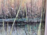 an oil painting of a river and trees in a forest