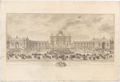 un vieux dessin représentant une foule devant un bâtiment