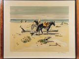 painting of a horse and rider on a beach with a bird in the foreground
