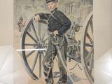 a painting of a man in uniform standing next to a cannon
