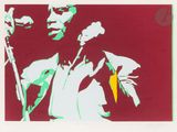 an image of a painting of a man with a microphone