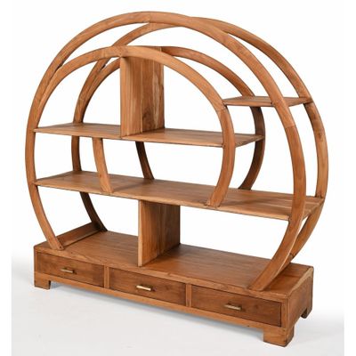 une image représentant une bibliothèque en bois avec des étagères et des tiroirs