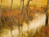 a painting of a river running through a forest
