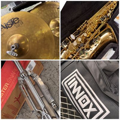 four different pictures of a saxophone, a drum, and a bag of music equipment
