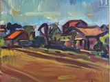 une peinture à l'huile représentant une scène de campagne avec une maison et des arbres