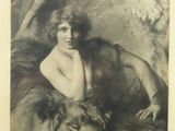 an old black and white photo of a woman with a lion