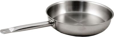 une image représentant une casserole en acier inoxydable munie d'une poignée, sur fond blanc