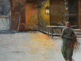 a painting of a woman walking in the snow outside of a house