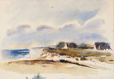 an image of a painting of a beach scene with a boat in the water