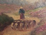 a painting of a man herding a flock of sheep