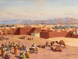 an oil painting of people and camels in a desert setting