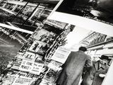 several black and white photos of a man standing in front of a crowd