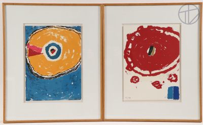 two paintings of donuts on display in a frame