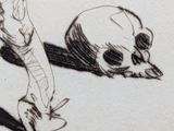 a drawing of a man holding a knife next to a skull