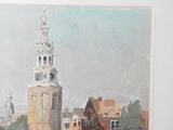 a painting of a clock tower in the middle of a city