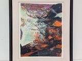 a framed painting of a mountain scene with rocks and water