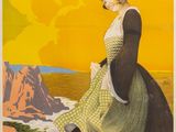 a poster advertising a woman in a dress and hat sitting on a rock