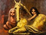 un tableau représentant deux enfants assis sur un cheval