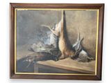 tableau représentant des oiseaux morts posés sur une table, avec un oiseau au premier plan