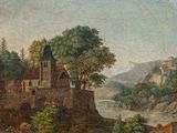 painting of a castle on a hill with a river in the foreground