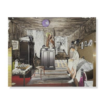 un tableau représentant une femme assise sur un lit dans une chambre