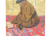 tableau représentant un homme assis sur un tapis en train de lire un livre