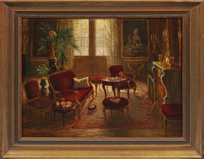 une image représentant un tableau d'un salon avec des chaises rouges et une table