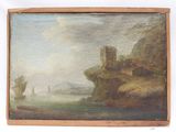 l'image d'une peinture représentant une rivière avec un château à l'arrière-plan