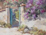 painting of a painting of a house with a blue door and purple flowers
