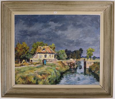 a painting of a house and a river in a field