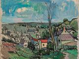 an image of a painting of a village in a hilly area