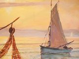 a painting of a sailboat and a boat in the water