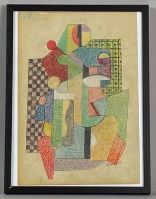 peinture représentant des formes abstraites sur une feuille de papier, dans un cadre noir