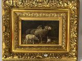 a picture of a painting of sheep and lambs in a field