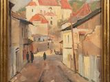 an oil painting of a street scene with a person walking down the street