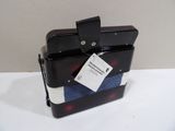a black suitcase with a blue and white stripe on it