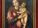 an oil painting of a woman holding a baby in her arms