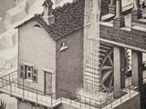 a black and white drawing of a building with a clock on it