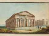 an old painting of a large building with columns and pillars