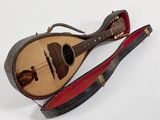 une petite guitare dans un étui, posée sur une surface blanche