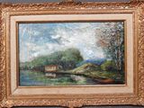 une peinture à l'huile représentant une scène de rivière avec un bateau au premier plan