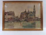 an image of a painting of a city with a boat in the water