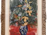 a painting of flowers in a blue vase on a red table