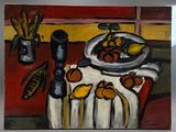 un tableau représentant un bol de fruits et un couteau posés sur une table