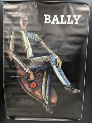 affiche représentant un homme assis sur une chaise, les jambes croisées