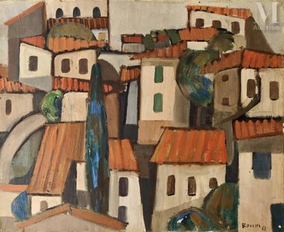 a painting of a town with a clock tower in the middle of it
